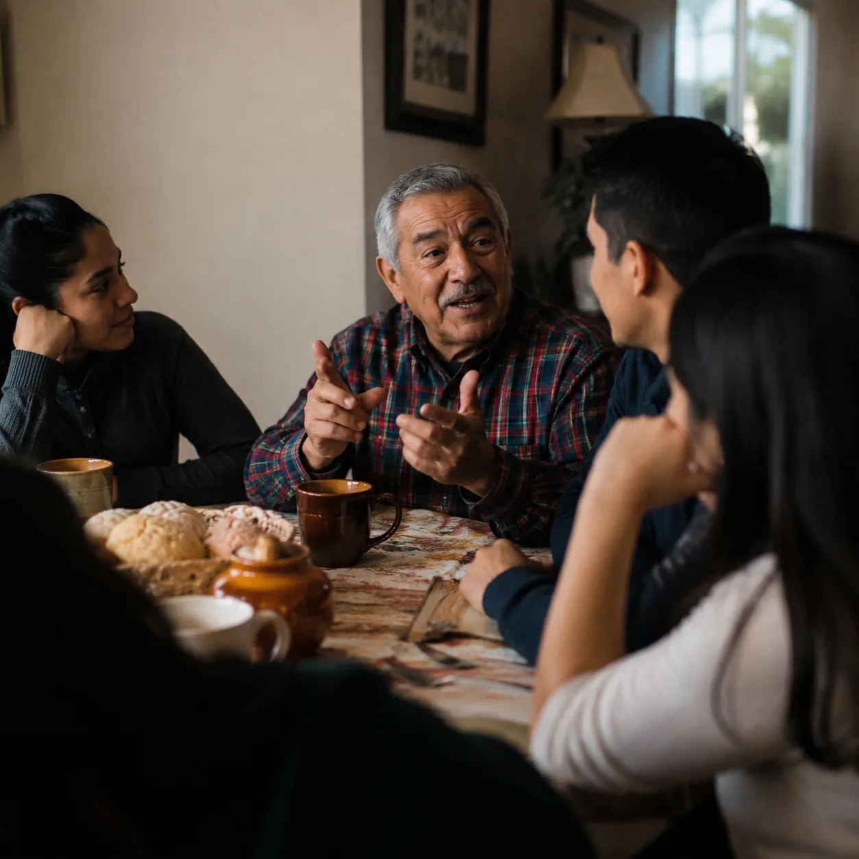 Realistic editorial photo of an older Latino relative telling a story to younger family members at a dining table, warm