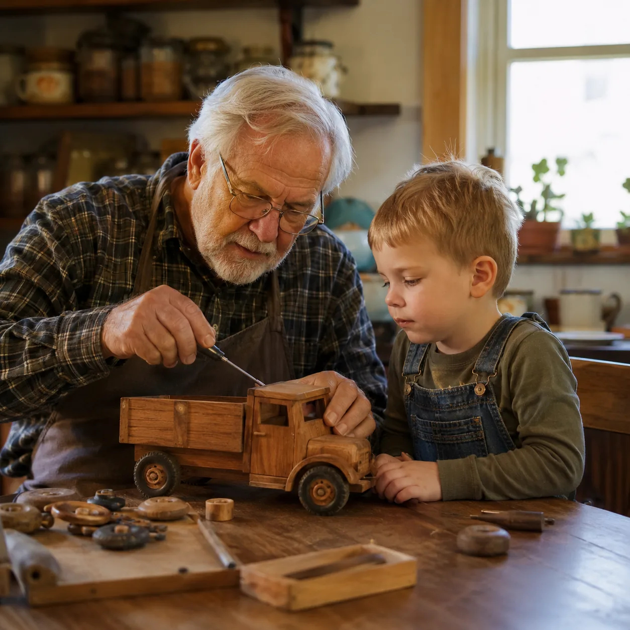 Realistic editorial photo of an older man repairing a wooden toy truck beside a child at a kitchen table, warm natural l