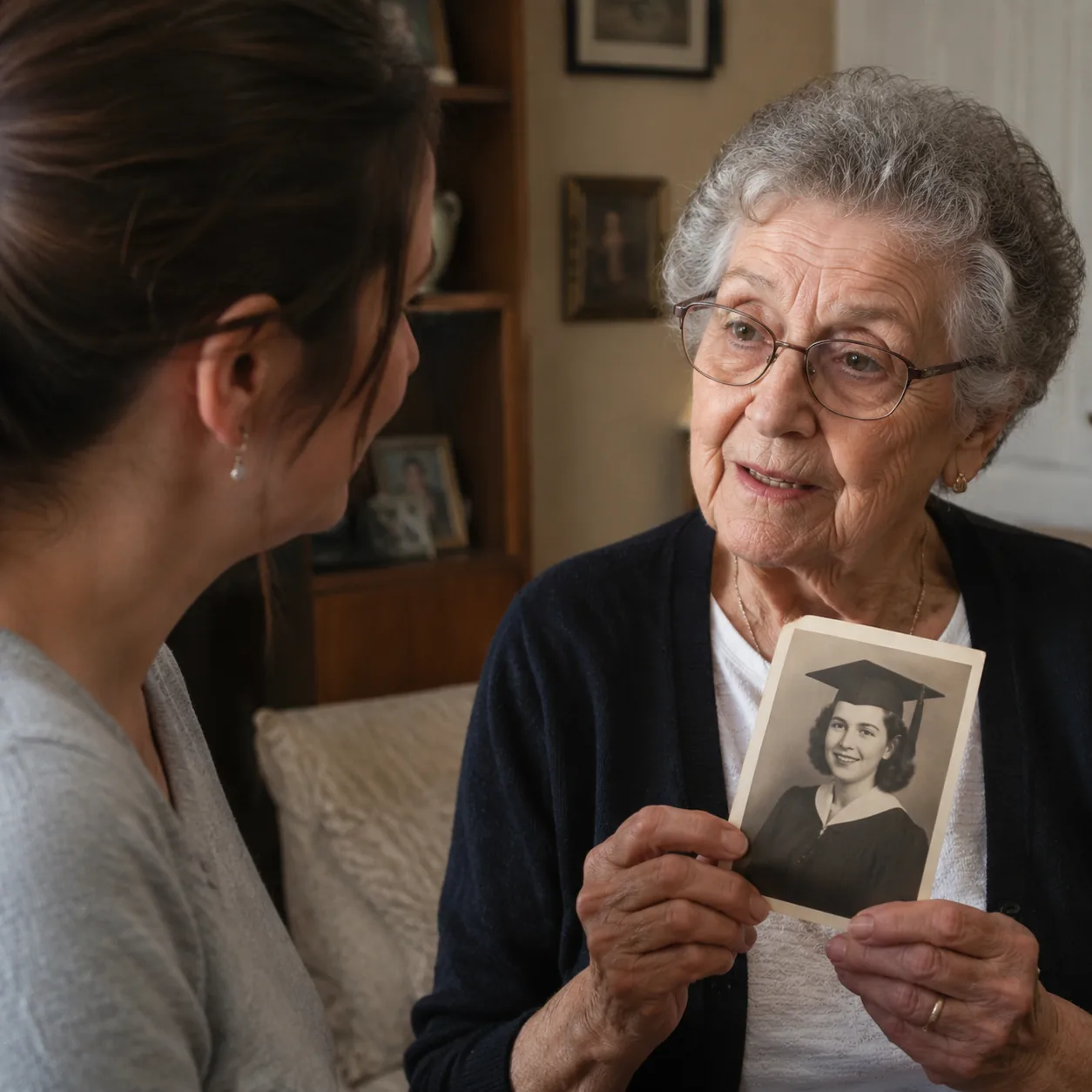 Realistic editorial photo of an older person holding an old graduation photo while talking with a younger relative, warm