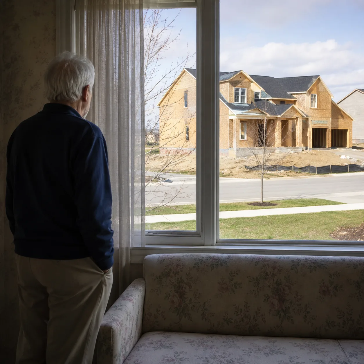 Realistic editorial photo of an older seller looking from an older retirement home toward new construction across the st