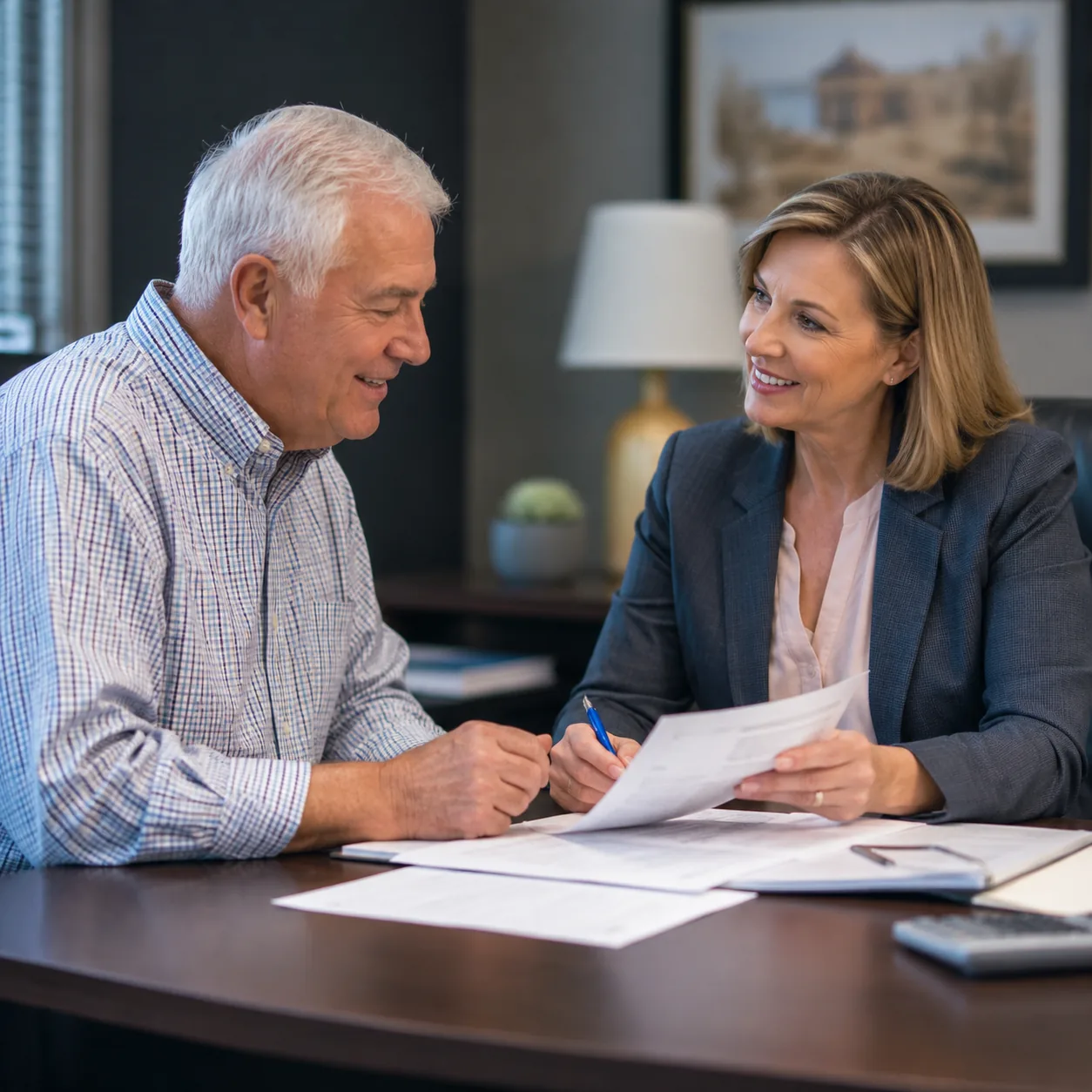 Realistic editorial photo of an older seller meeting with a community office manager about resale approval documents, pr