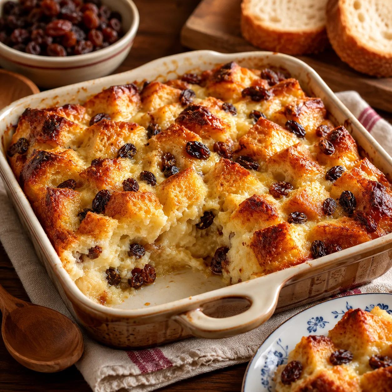 Realistic editorial photo of bread pudding made from leftover bread with raisins in a baking dish on a kitchen table, pr