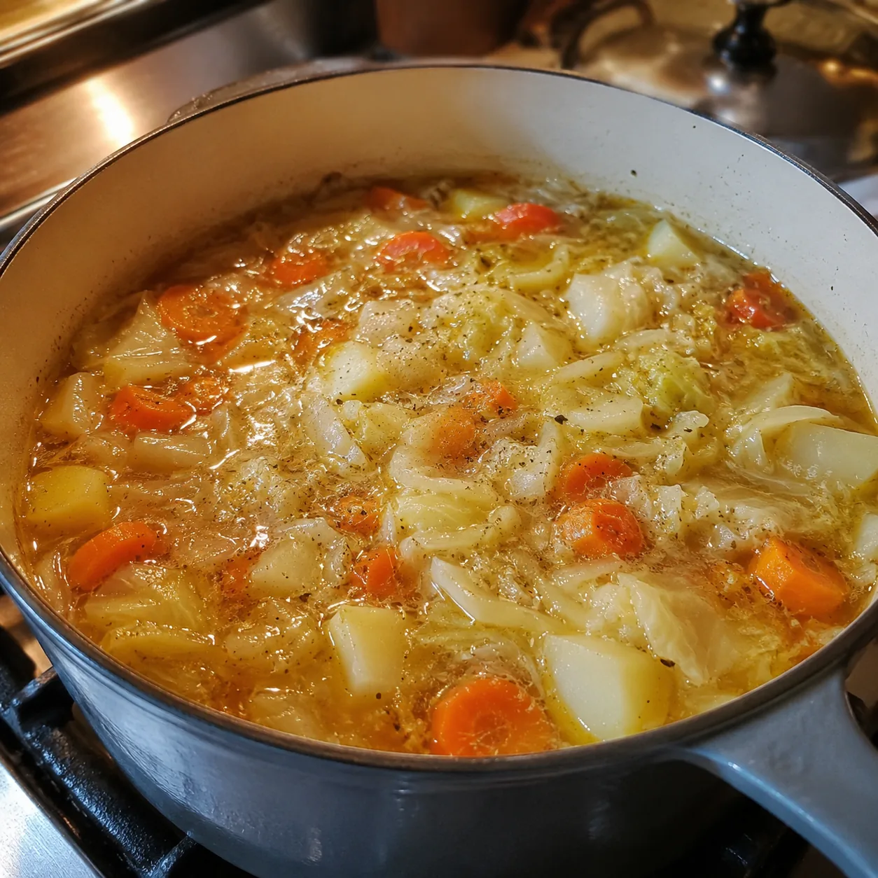 Realistic editorial photo of cabbage soup with carrots and potatoes simmering in a stockpot on a home stove, practical b