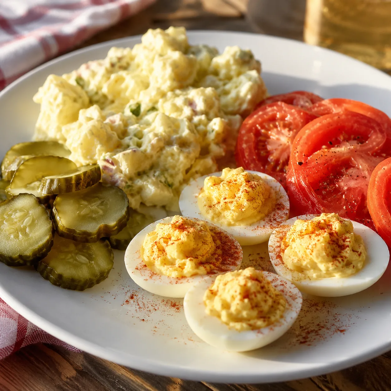 Realistic editorial photo of deviled eggs served with potato salad, pickles, and sliced tomatoes on a dinner plate, prac