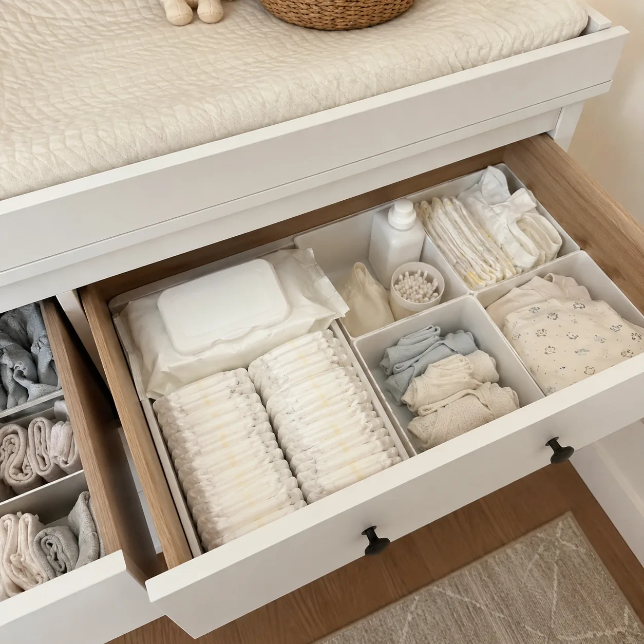 Realistic editorial photo of diapers, wipes, and changing table supplies organized in nursery drawers, practical family