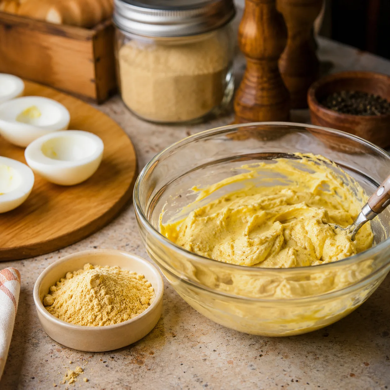 Realistic editorial photo of dry mustard powder beside a bowl of deviled egg filling and pantry spices on a kitchen coun