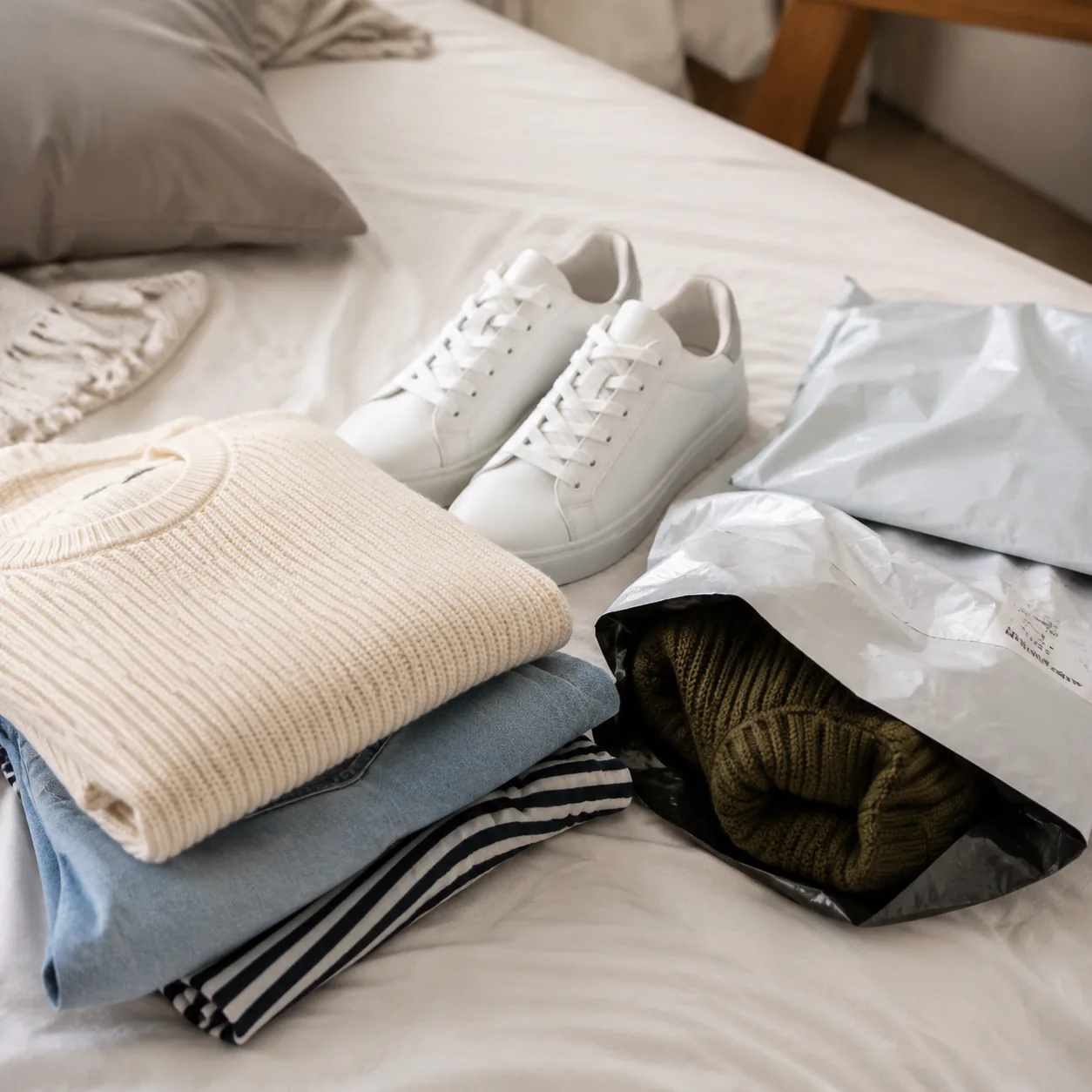 Realistic editorial photo of folded clothing, shoes, and return packaging on a bed, practical online fashion shopping st