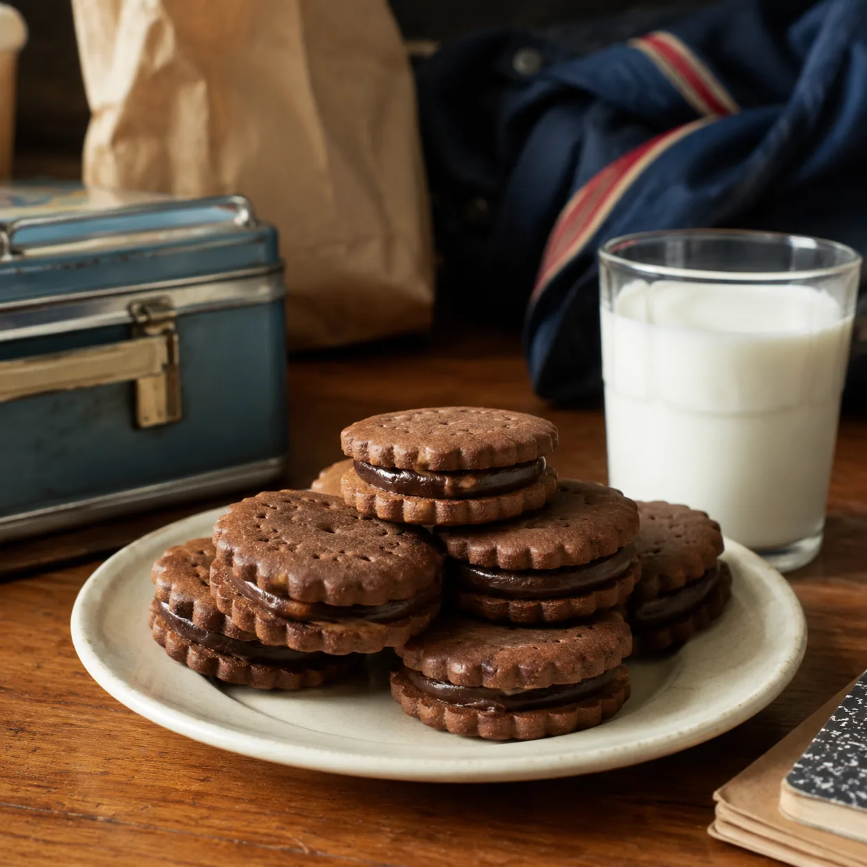 Realistic editorial photo of fudge sandwich cookies stacked on a plate beside a glass of milk and lunchbox, practical 19