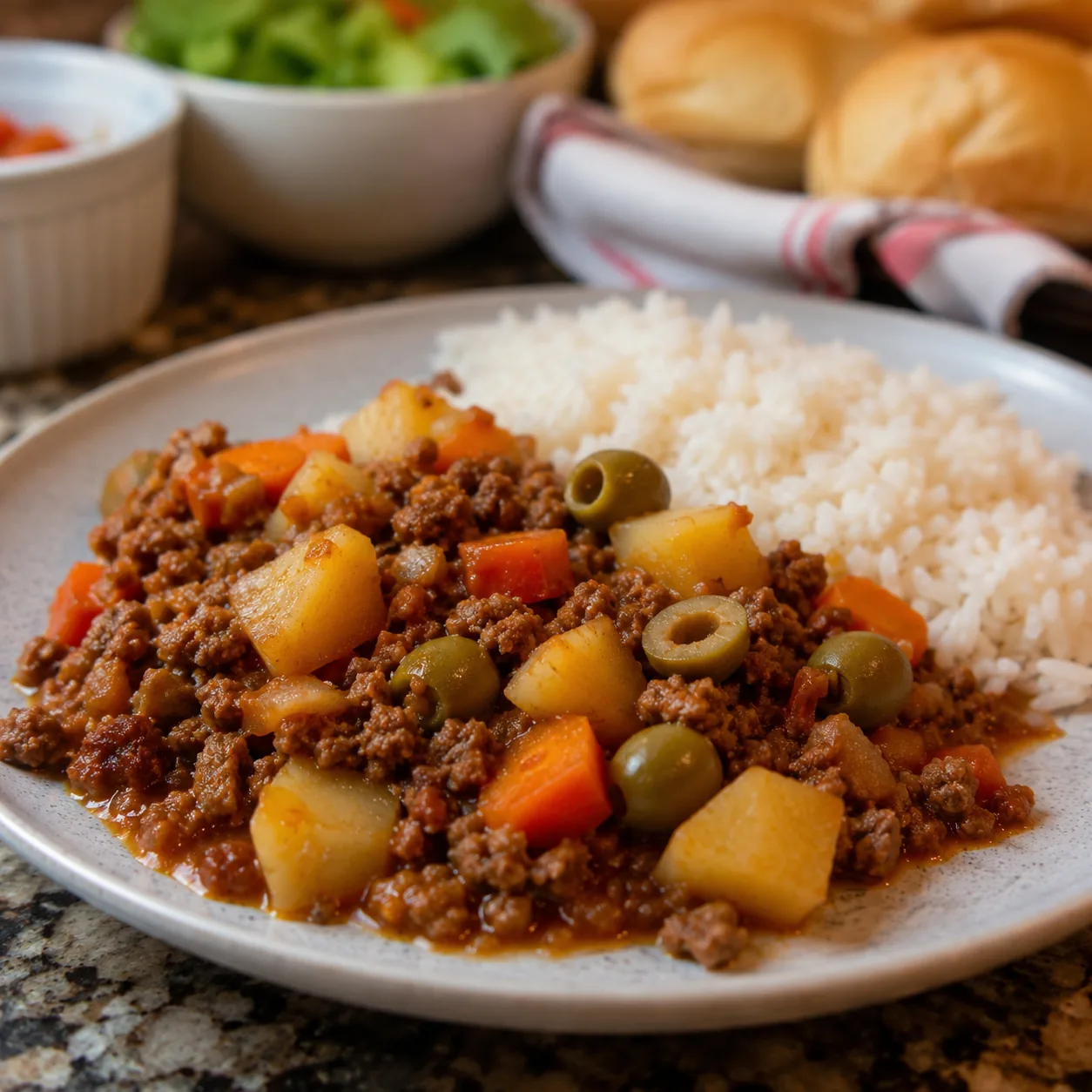 Realistic editorial photo of homemade picadillo with ground beef, potatoes, carrots, olives, and rice on a kitchen plate