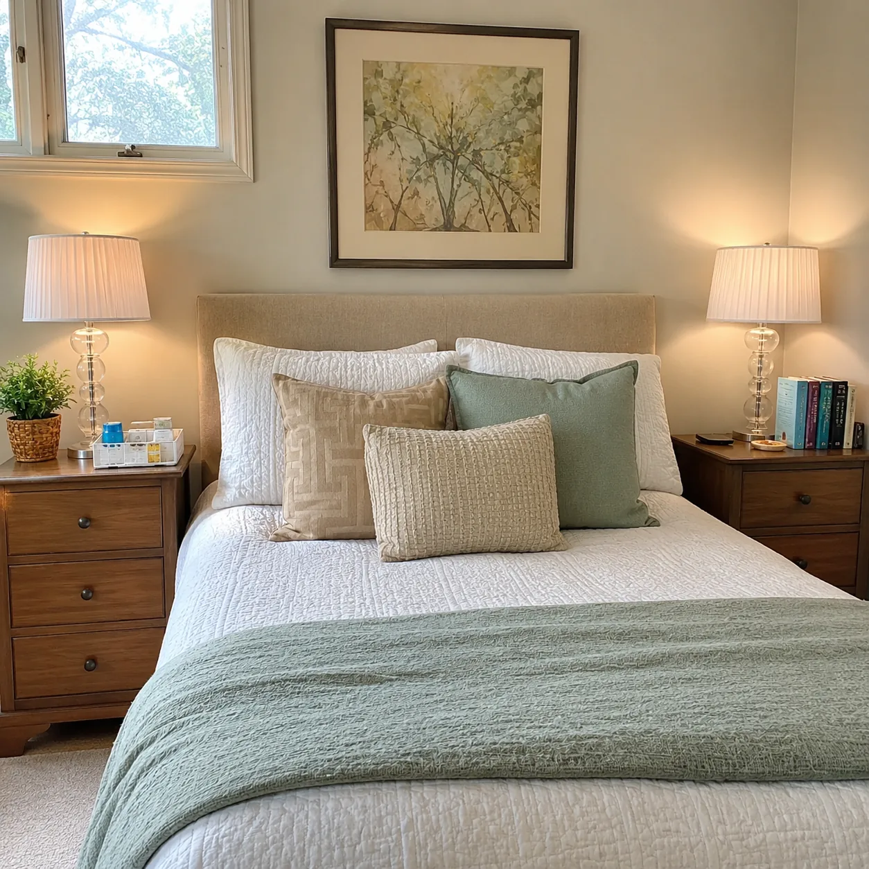 Realistic editorial photo of matching bedside tables in a compact bedroom with lamps, books, and medication organizer, p