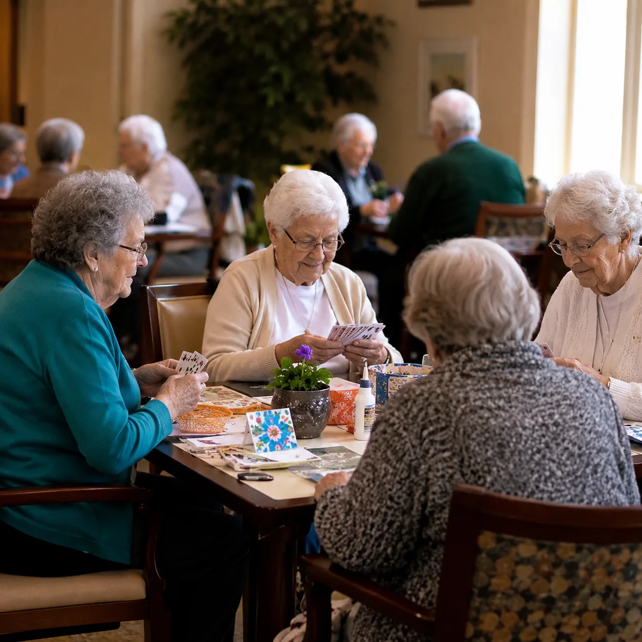 Realistic editorial photo of older residents gathered around a craft and cards table in a retirement community activity