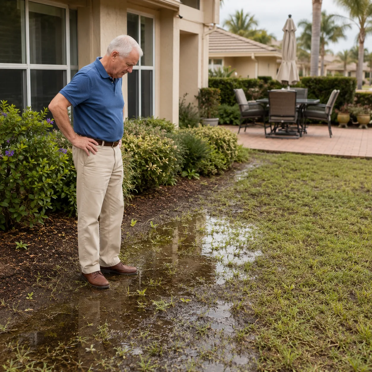 Realistic editorial photo of standing water near a landscaped 55 plus community patio with an older homeowner inspecting