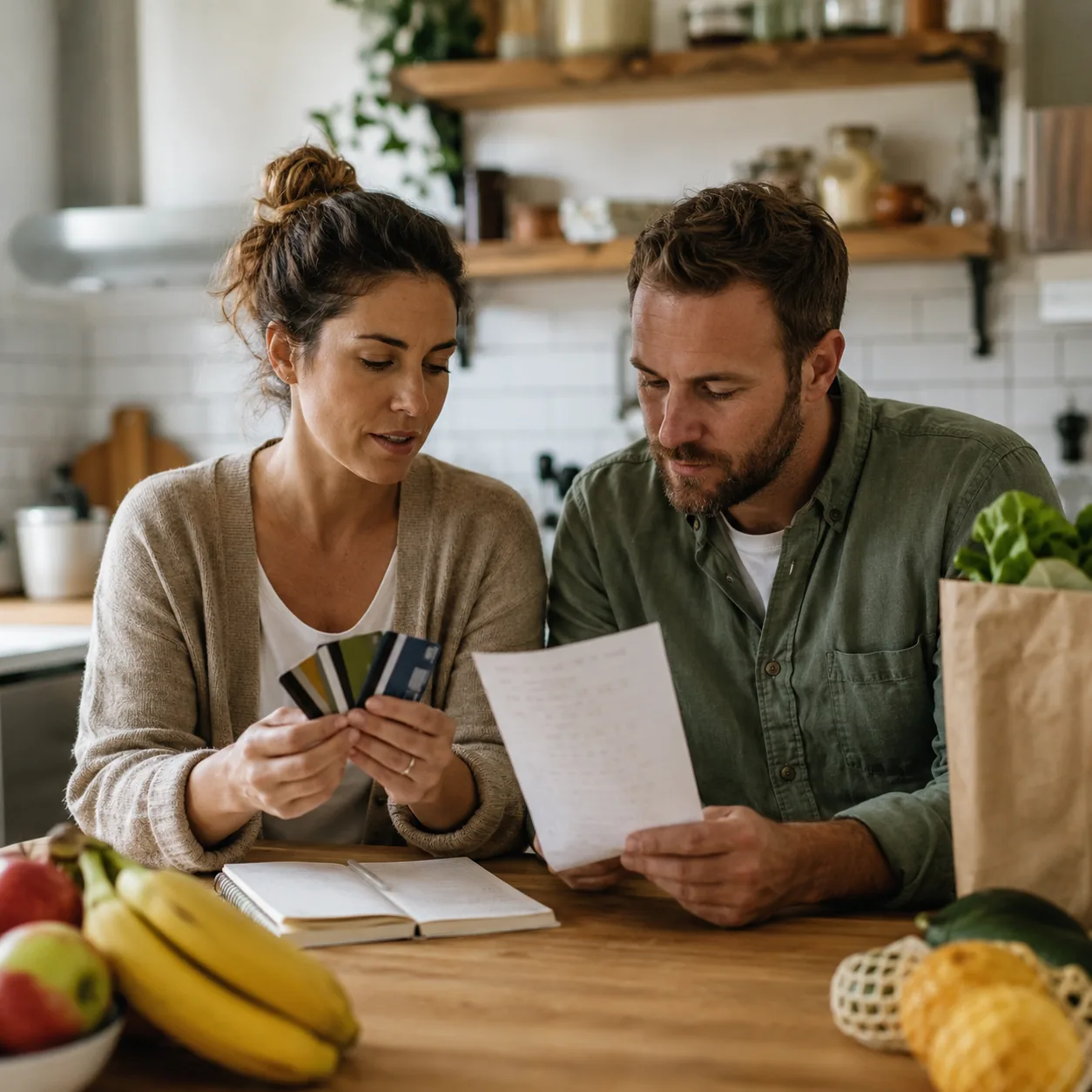 Realistic editorial photo of two adults reviewing membership cards and a shared grocery list at a kitchen table, practic
