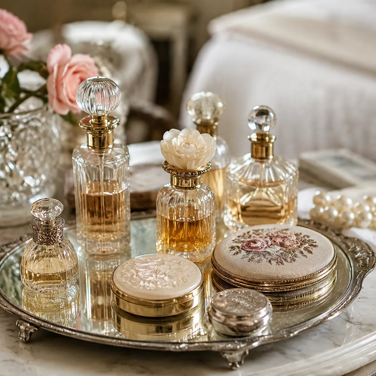 Realistic editorial photo of vintage perfume bottles and powder compacts on a mirrored vanity tray, soft bedroom light,