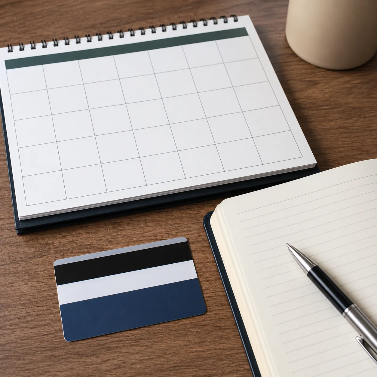 Realistic editorial photo of a calendar, membership card, and budget notebook on a desk, practical consumer finance styl