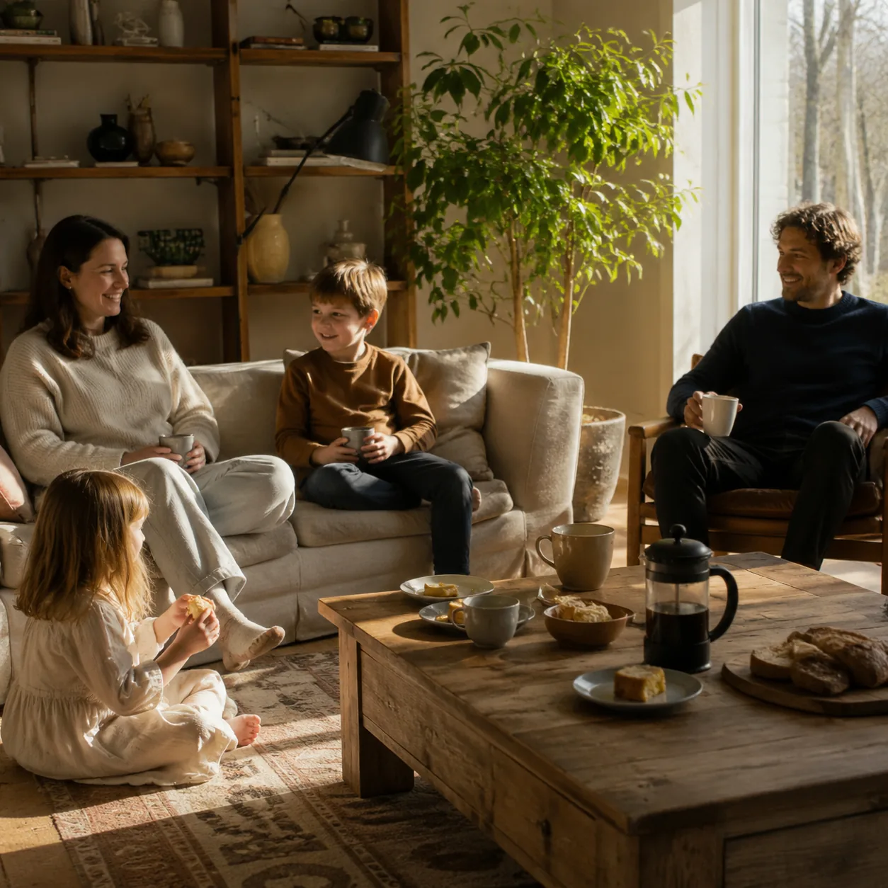 Realistic editorial photo of a calm Sunday family afternoon with simple food, coffee, and people relaxing in a living ro
