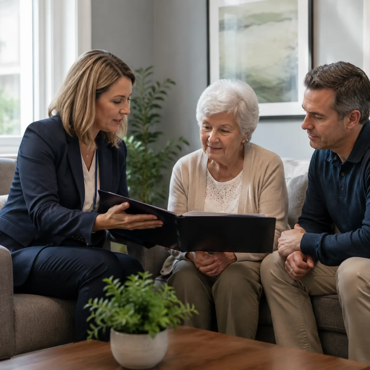 Realistic editorial photo of a care director meeting with an older resident and adult child over a care plan folder in a