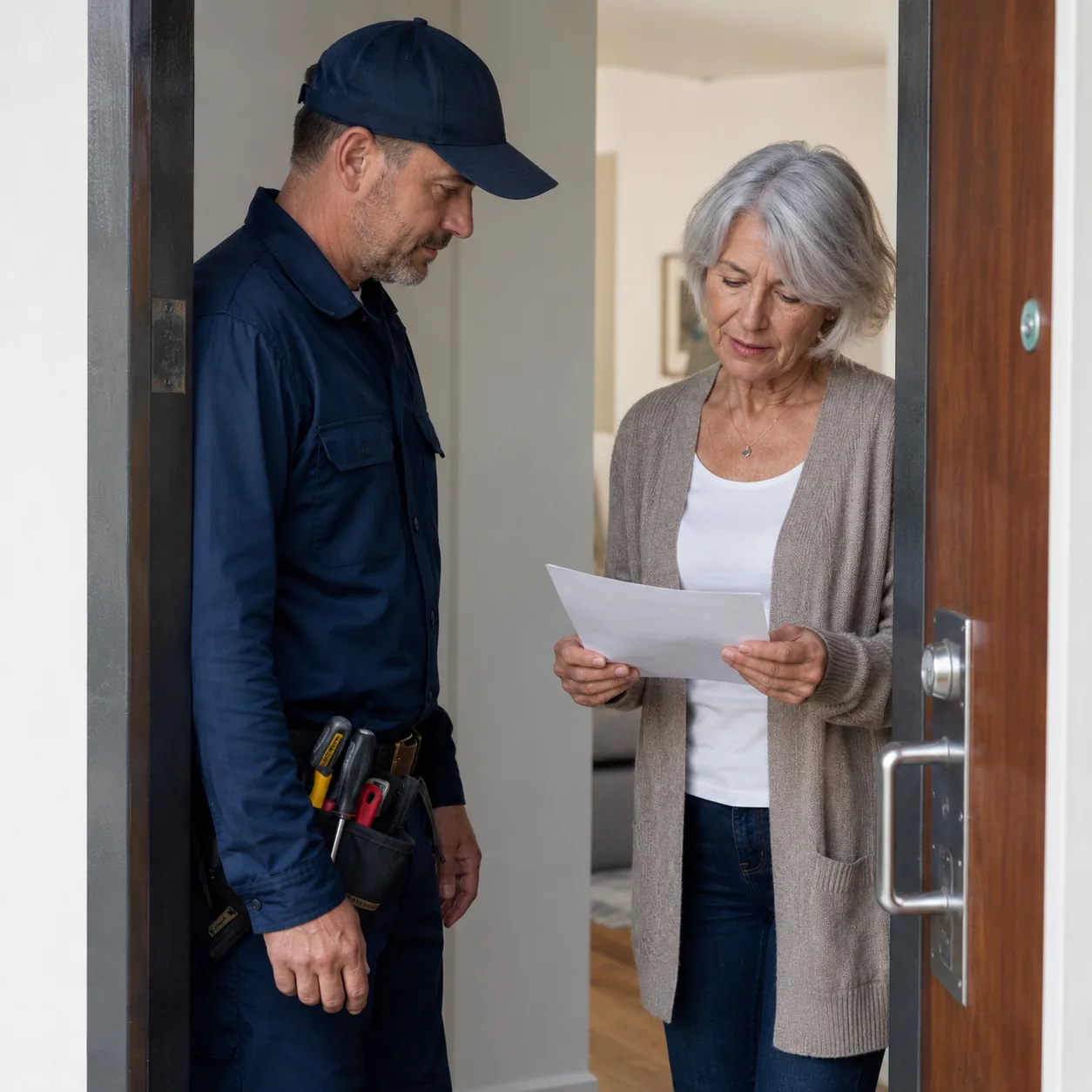 Realistic editorial photo of a condo maintenance worker at an entry door while an older resident reviews access notice p