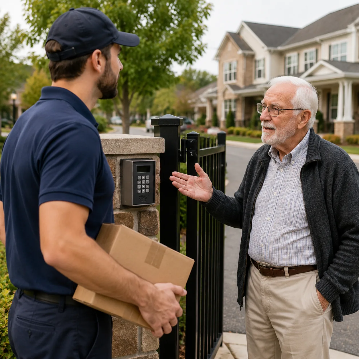 Realistic editorial photo of a delivery driver and older resident speaking near a retirement community gate keypad, prac