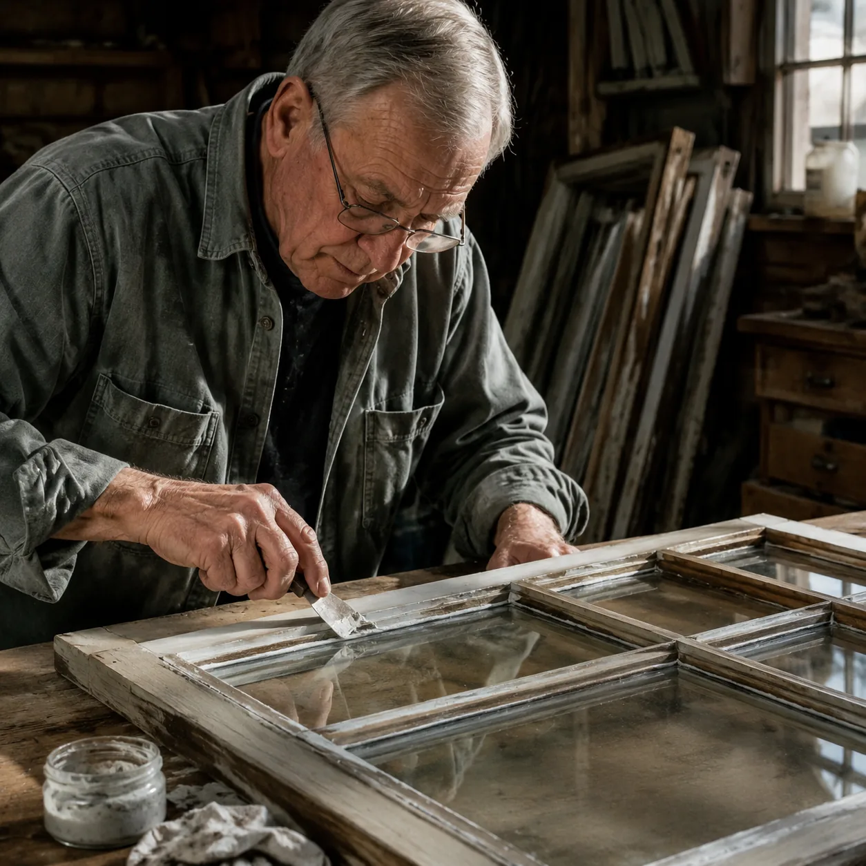 Realistic editorial photo of a grandfather sealing an old storm window frame with putty and a scraper on a workbench, wa