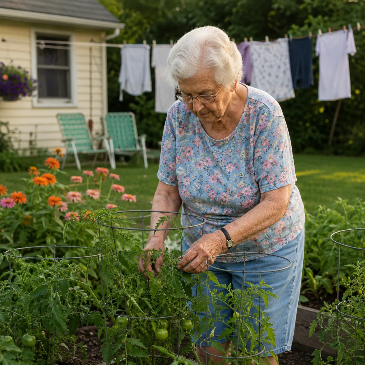 Realistic editorial photo of a grandmother tending a backyard with tomato cages, flowerbeds, a clothesline, and lawn cha