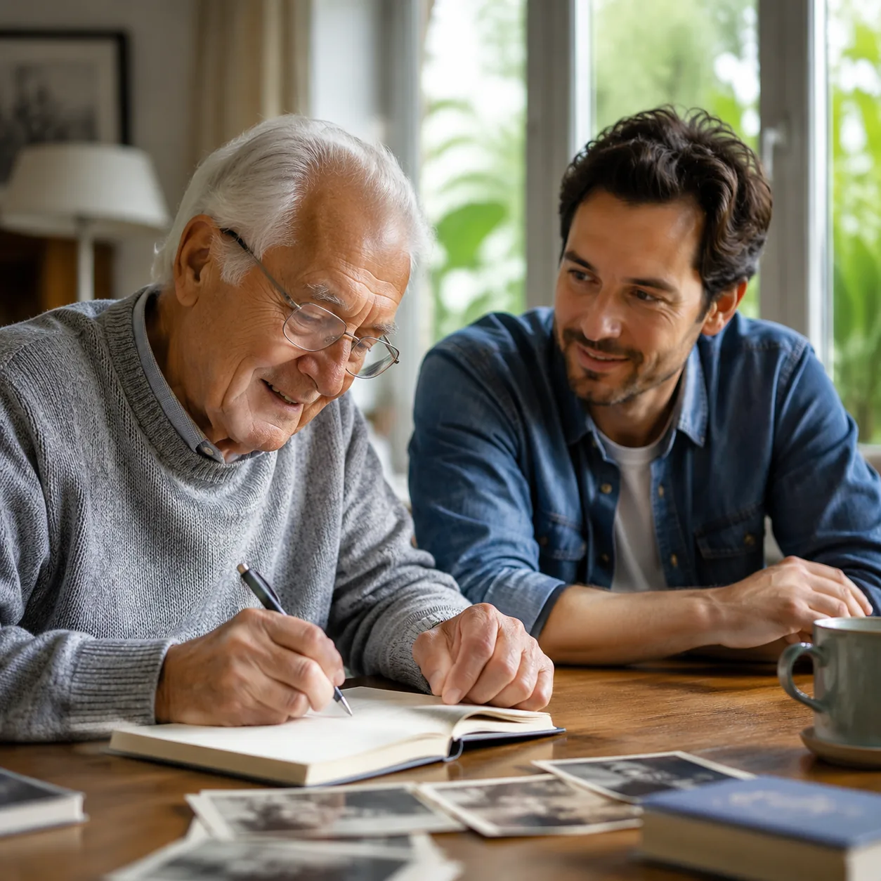 Realistic editorial photo of a grandparent writing notes in a journal while an adult grandchild listens nearby, warm nat