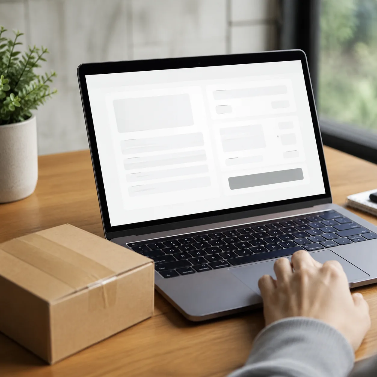 Realistic editorial photo of a laptop online checkout page without visible text and a package on a desk, practical ecomm