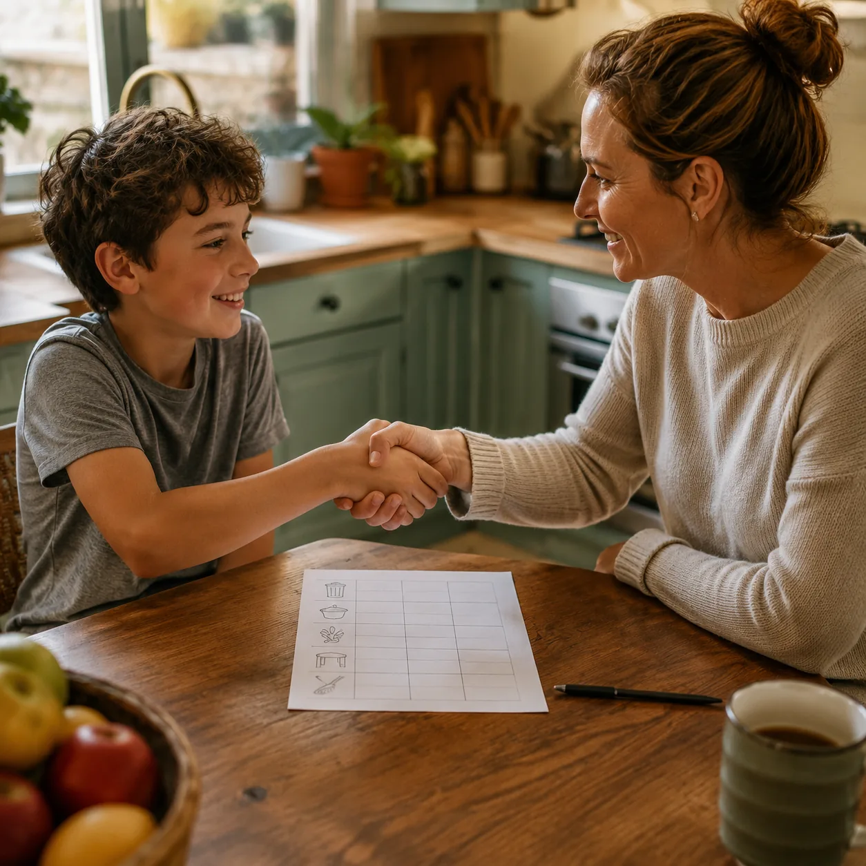 Realistic editorial photo of a parent shaking a child's hand over a small chore agreement at a kitchen table, warm natur
