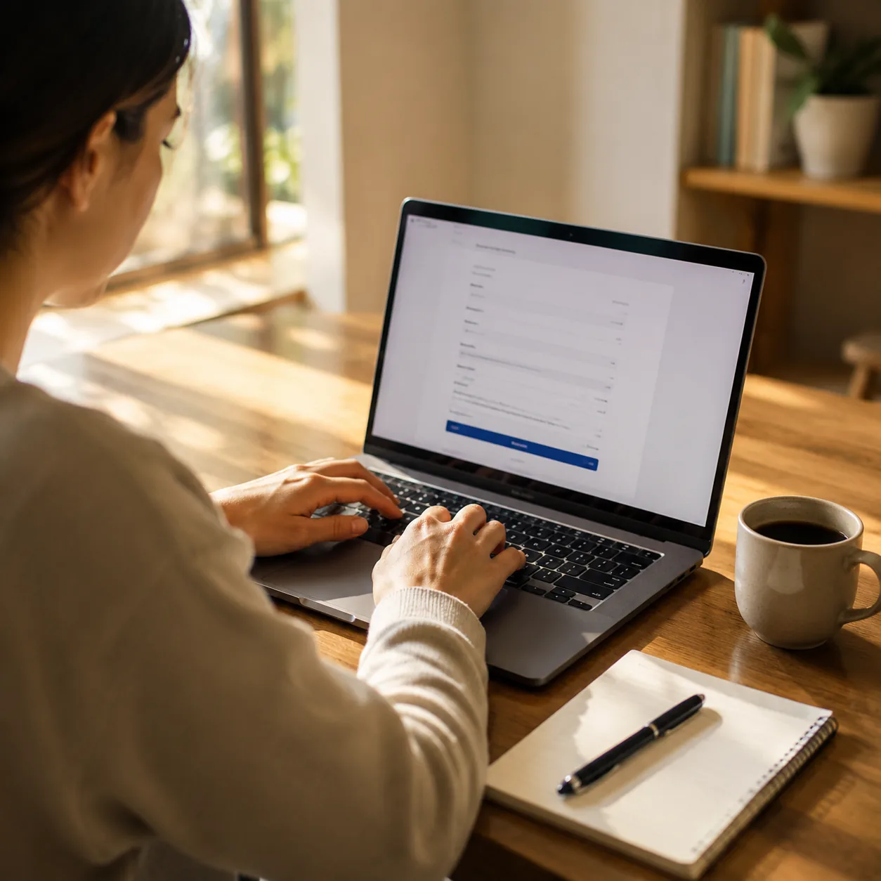Realistic editorial photo of a person opening a high-yield savings account on a laptop beside a small notebook and coffe
