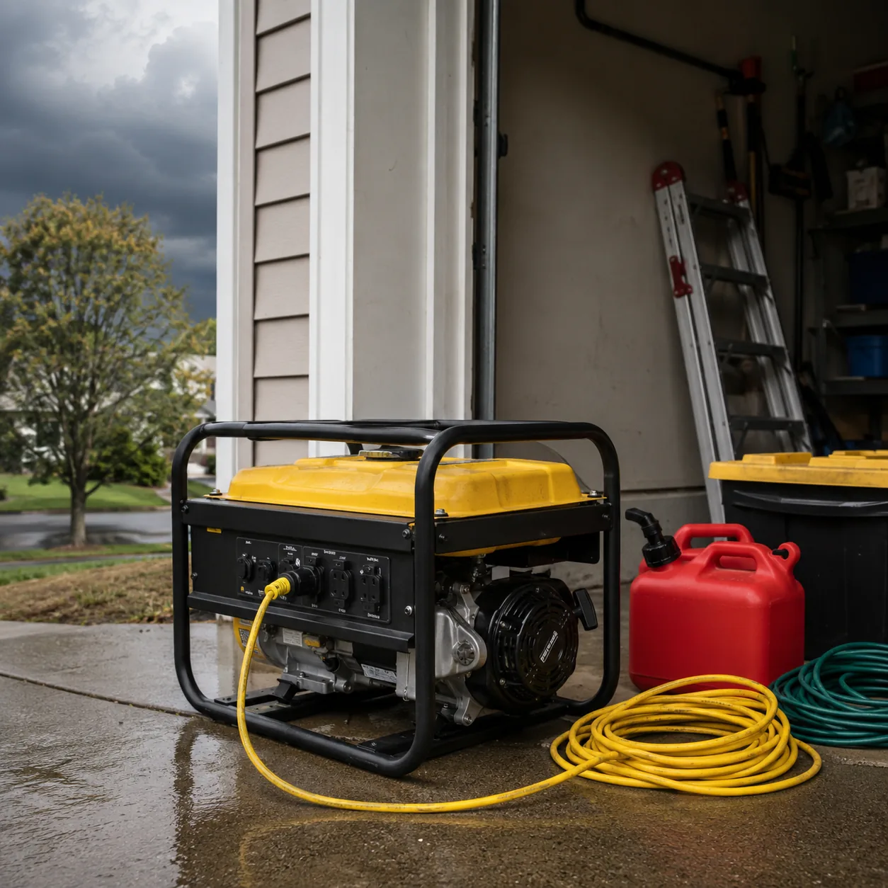 Realistic editorial photo of a portable generator outside a garage with extension cords and fuel container safely nearby