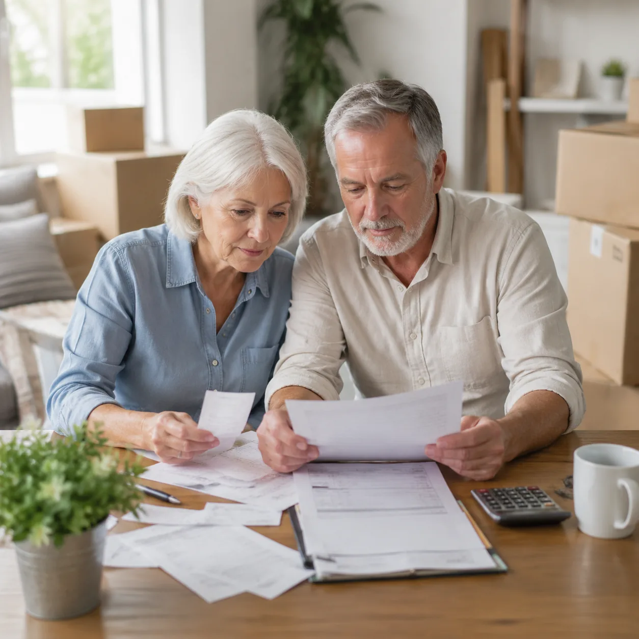 Realistic editorial photo of an older couple reviewing moving receipts, closing papers, and a household budget after rel