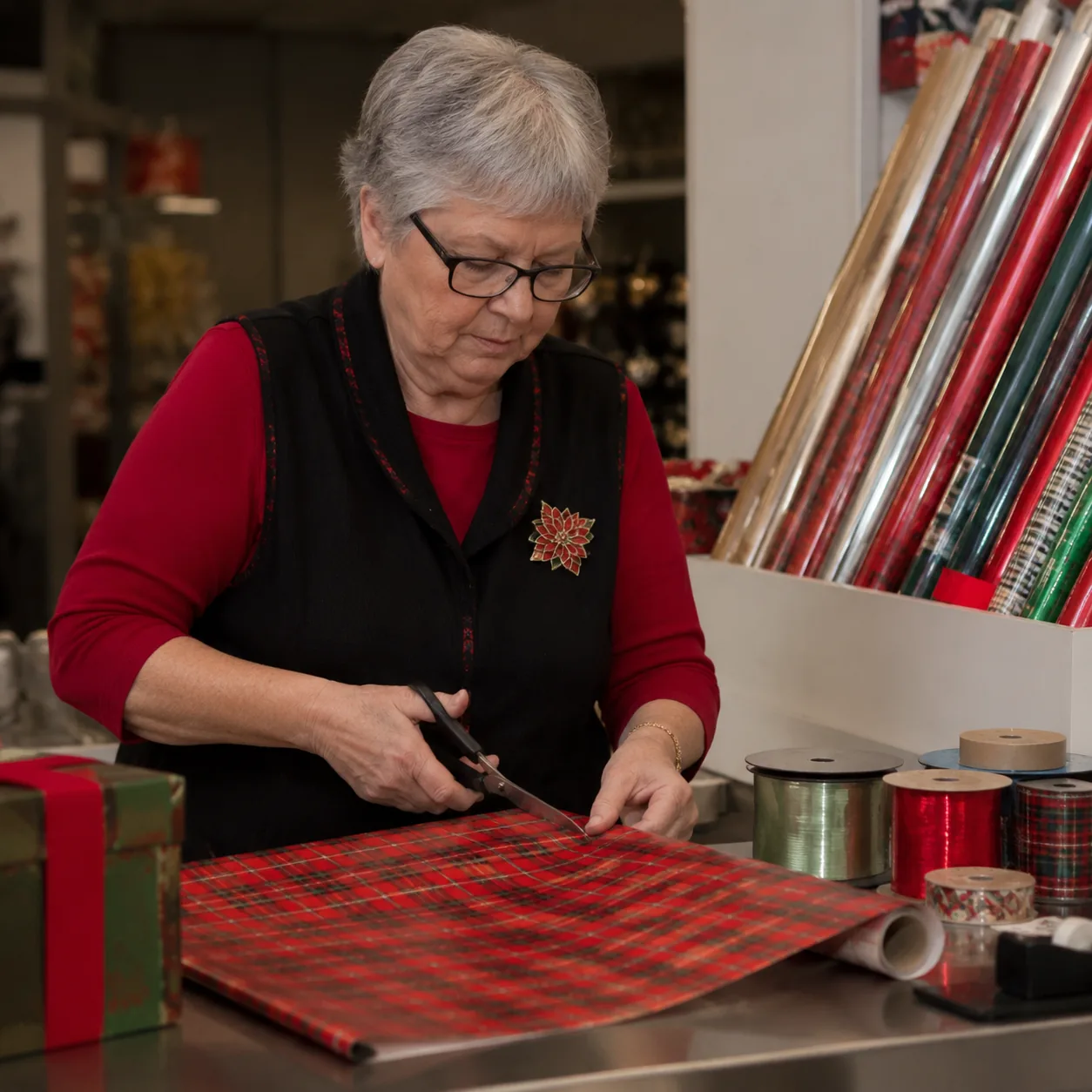 Realistic editorial photo of an older seasonal gift wrapper at a wrapping counter with paper rolls, ribbon, and scissors