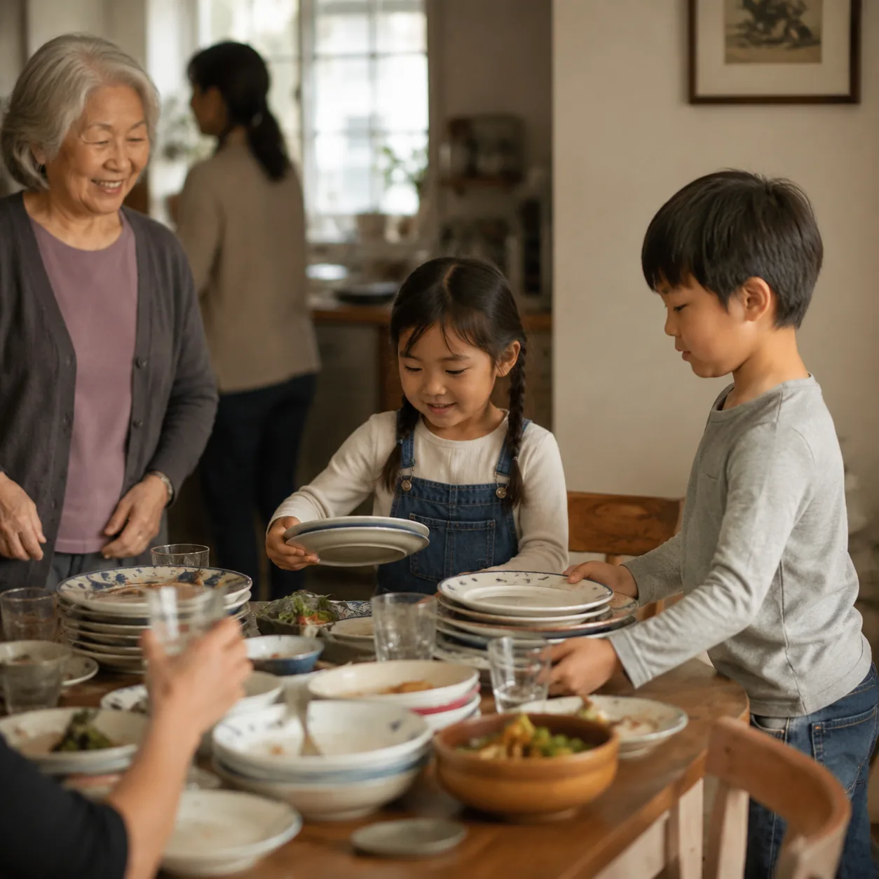 Realistic editorial photo of children helping clear plates after a family meal while an older woman smiles nearby, warm