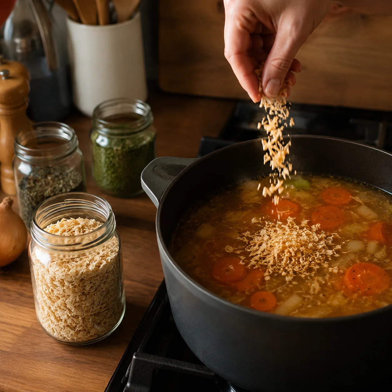 Realistic editorial photo of dried onion flakes being sprinkled into a soup pot beside jars of pantry seasonings, practi