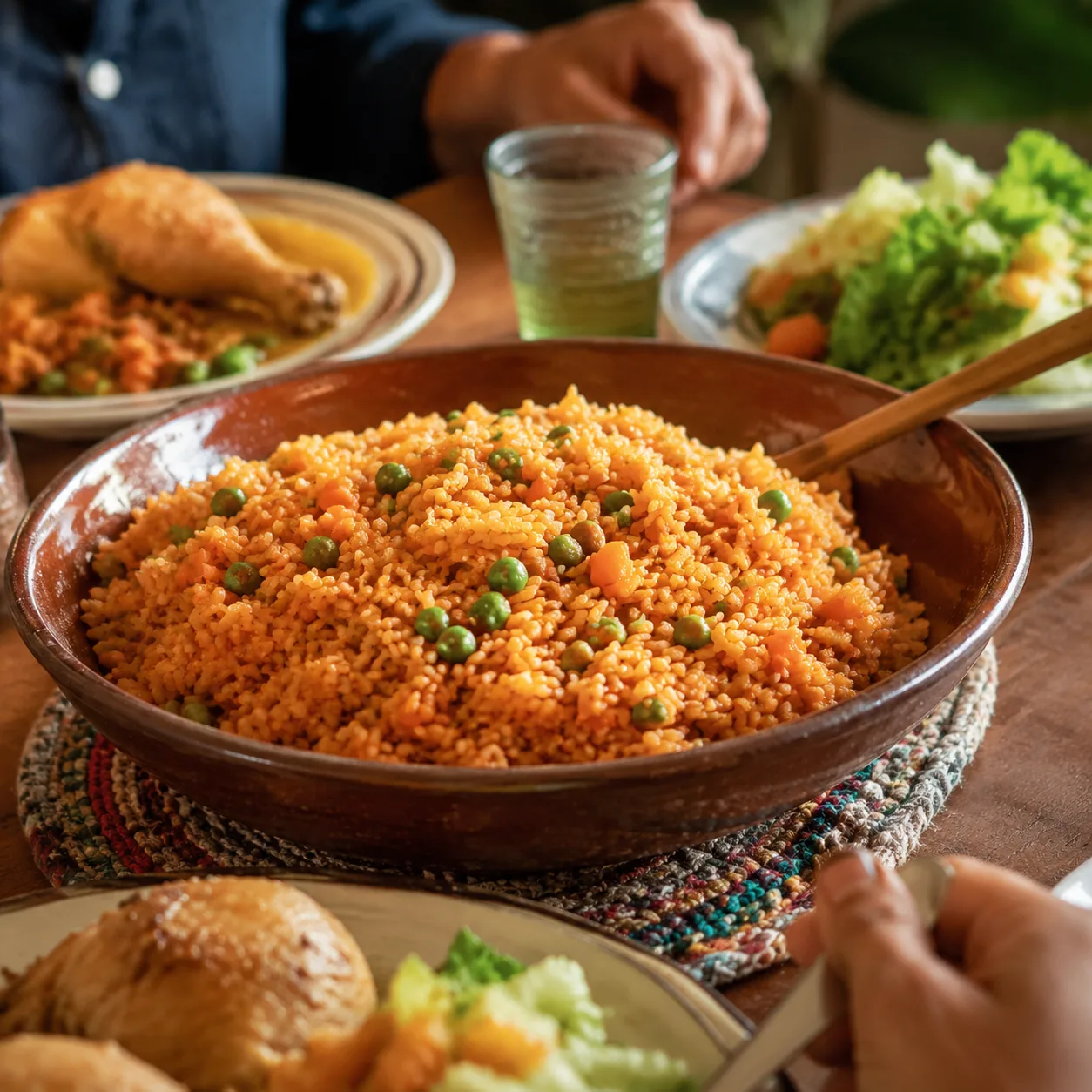 Realistic editorial photo of fluffy red rice in a serving bowl with peas and carrots beside family dinner plates, warm n