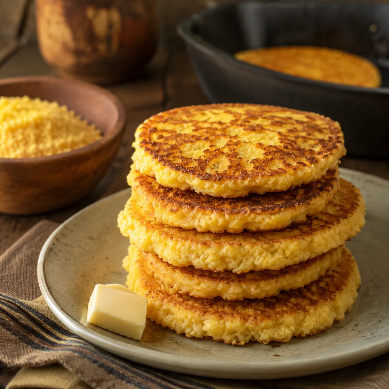 Realistic editorial photo of golden johnnycakes stacked on a plate beside cornmeal and a small pat of butter, practical 