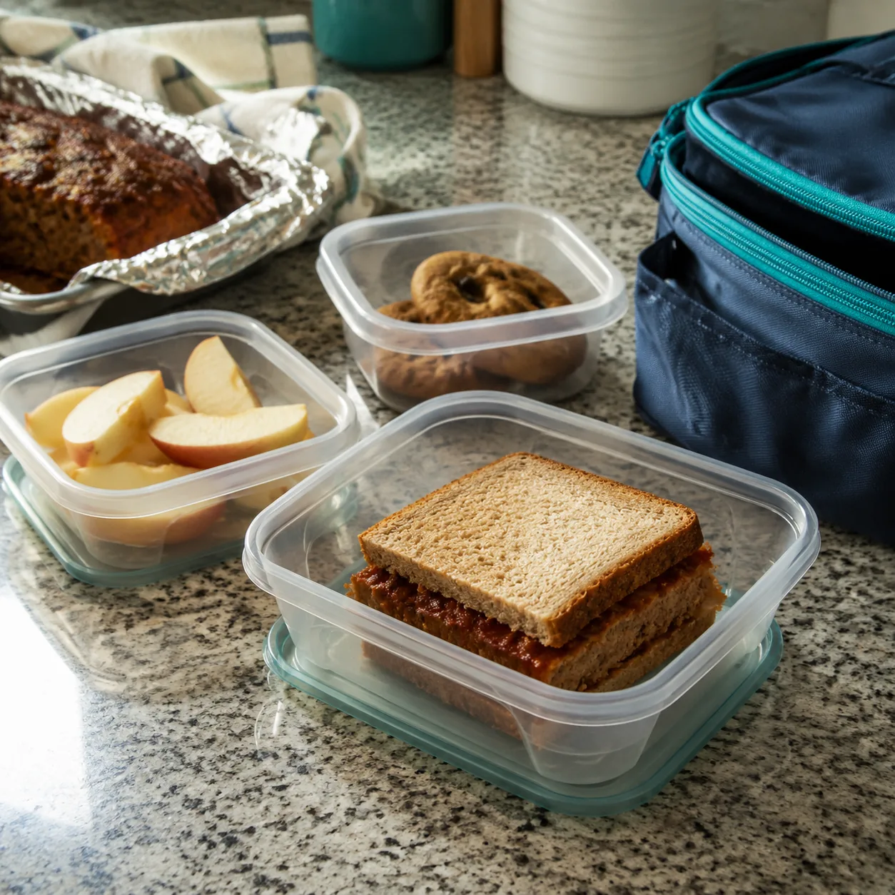 Realistic editorial photo of leftover meatloaf sandwich, apple slices, and cookies packed on a kitchen counter for lunch