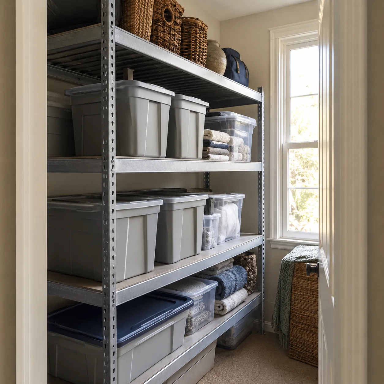 Realistic editorial photo of metal garage shelving repurposed in a small storage closet with labeled bins, practical dow