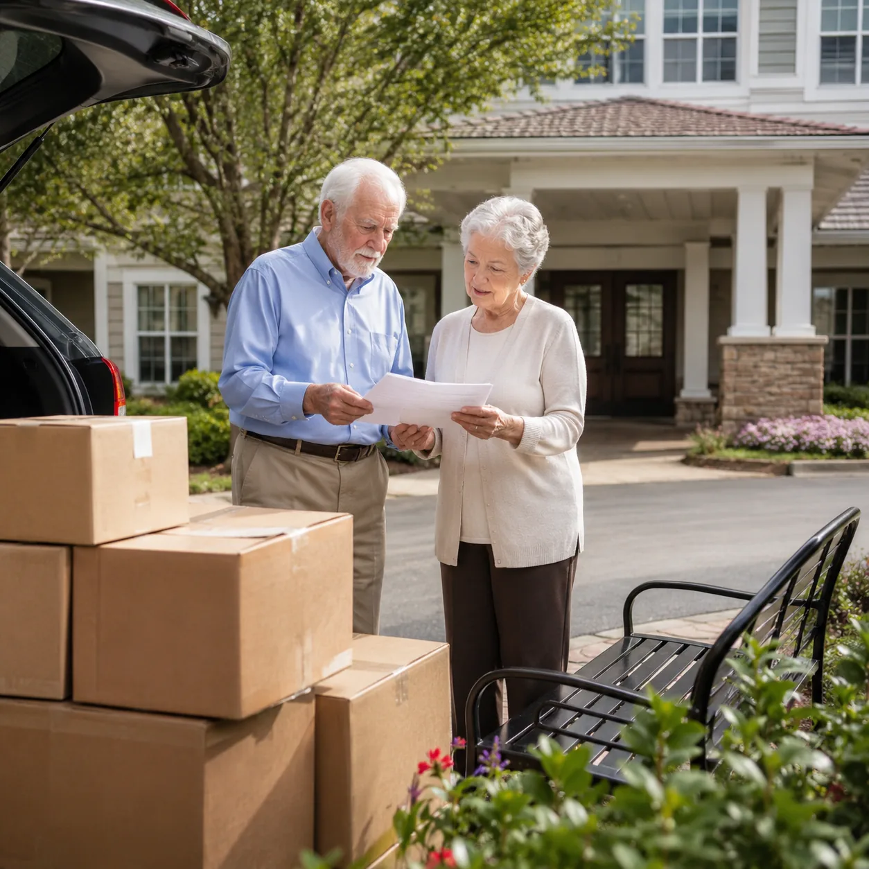Realistic editorial photo of moving boxes on a retirement community driveway with an older couple reviewing move-in inst