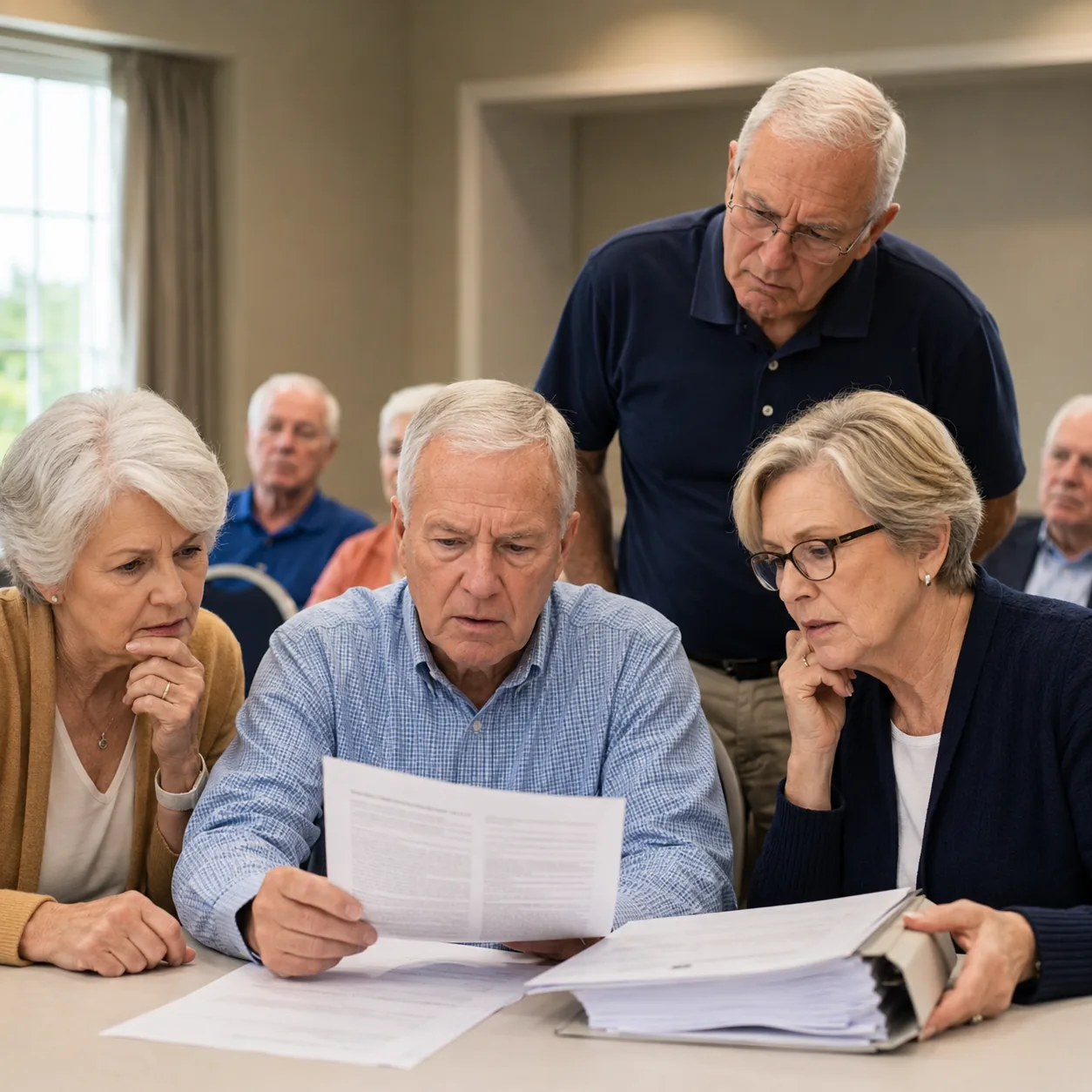 Realistic editorial photo of older homeowners in a community meeting reviewing a large repair estimate and assessment pa