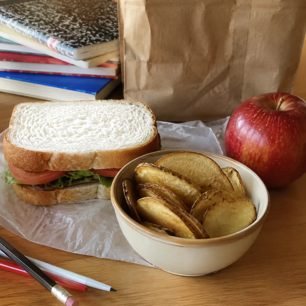Realistic editorial photo of potato-skin-style chips in a small bowl beside a school lunch sandwich and apple, practical