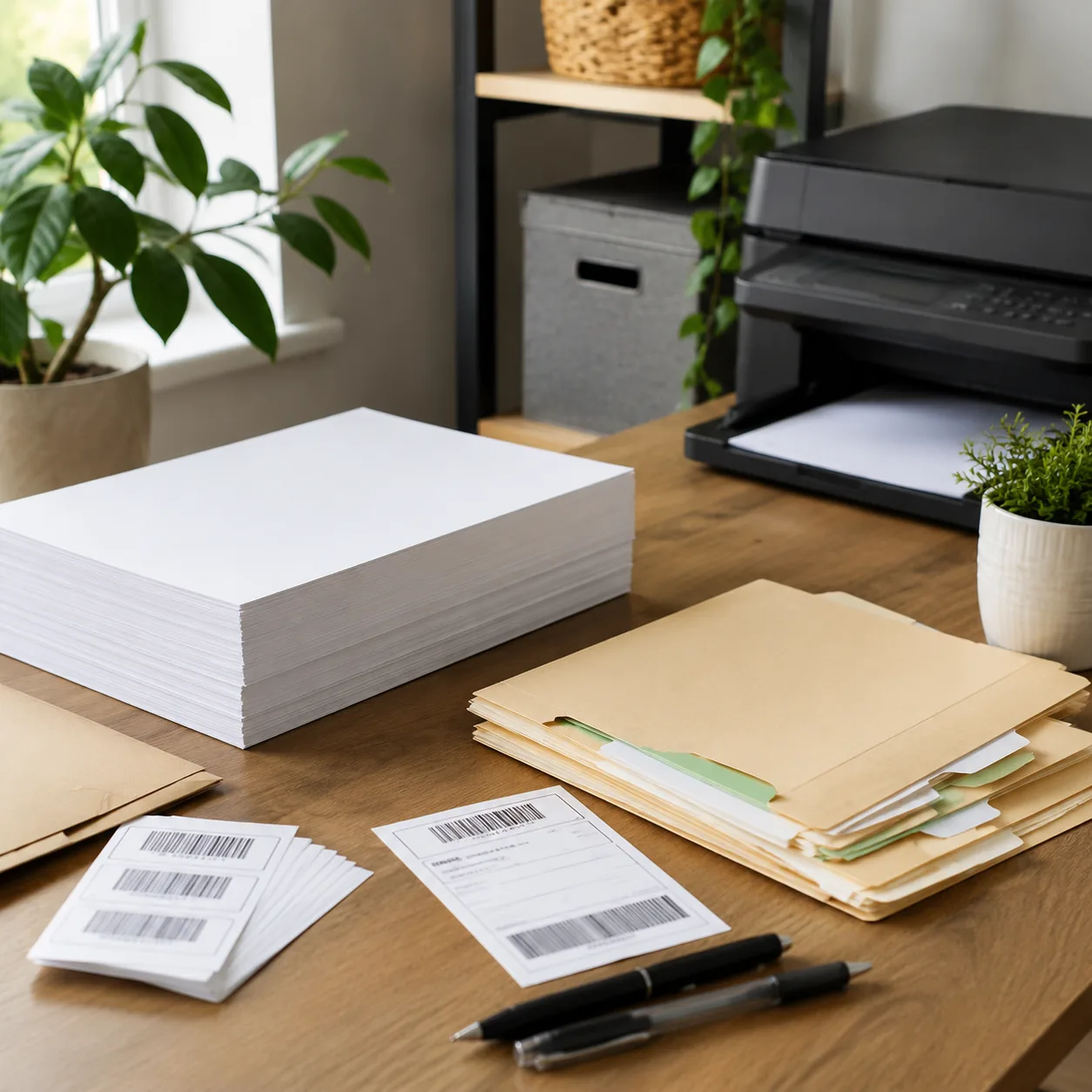 Realistic editorial photo of printer paper, pens, shipping labels, and folders on a home office desk, practical small bu