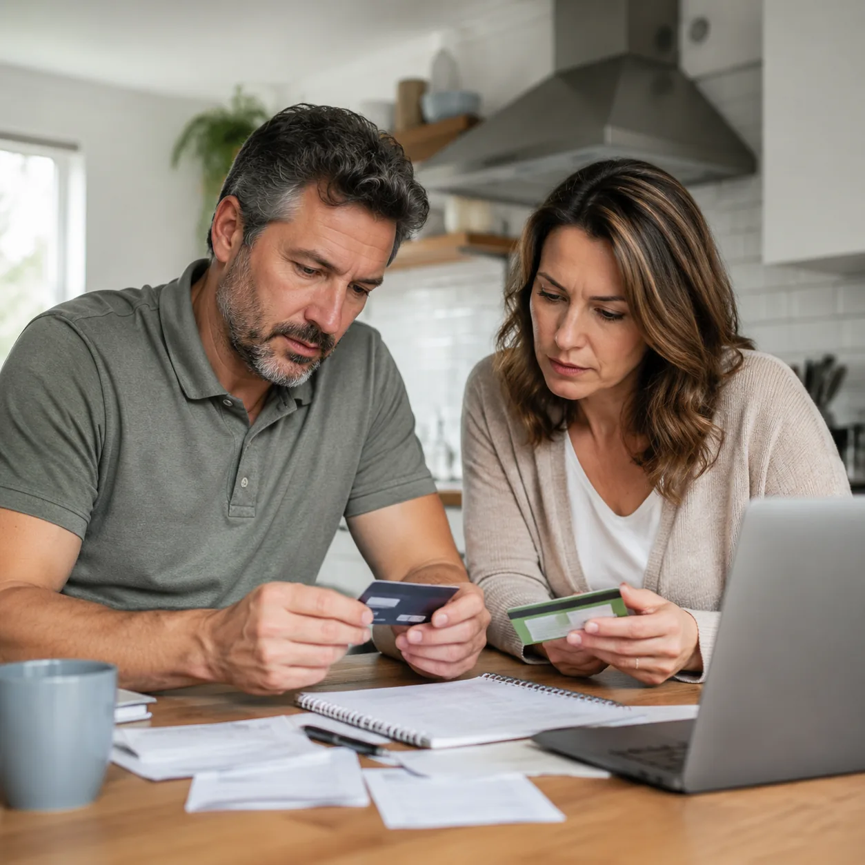 Realistic editorial photo of two adults reviewing membership cards and a household budget at a kitchen table, practical