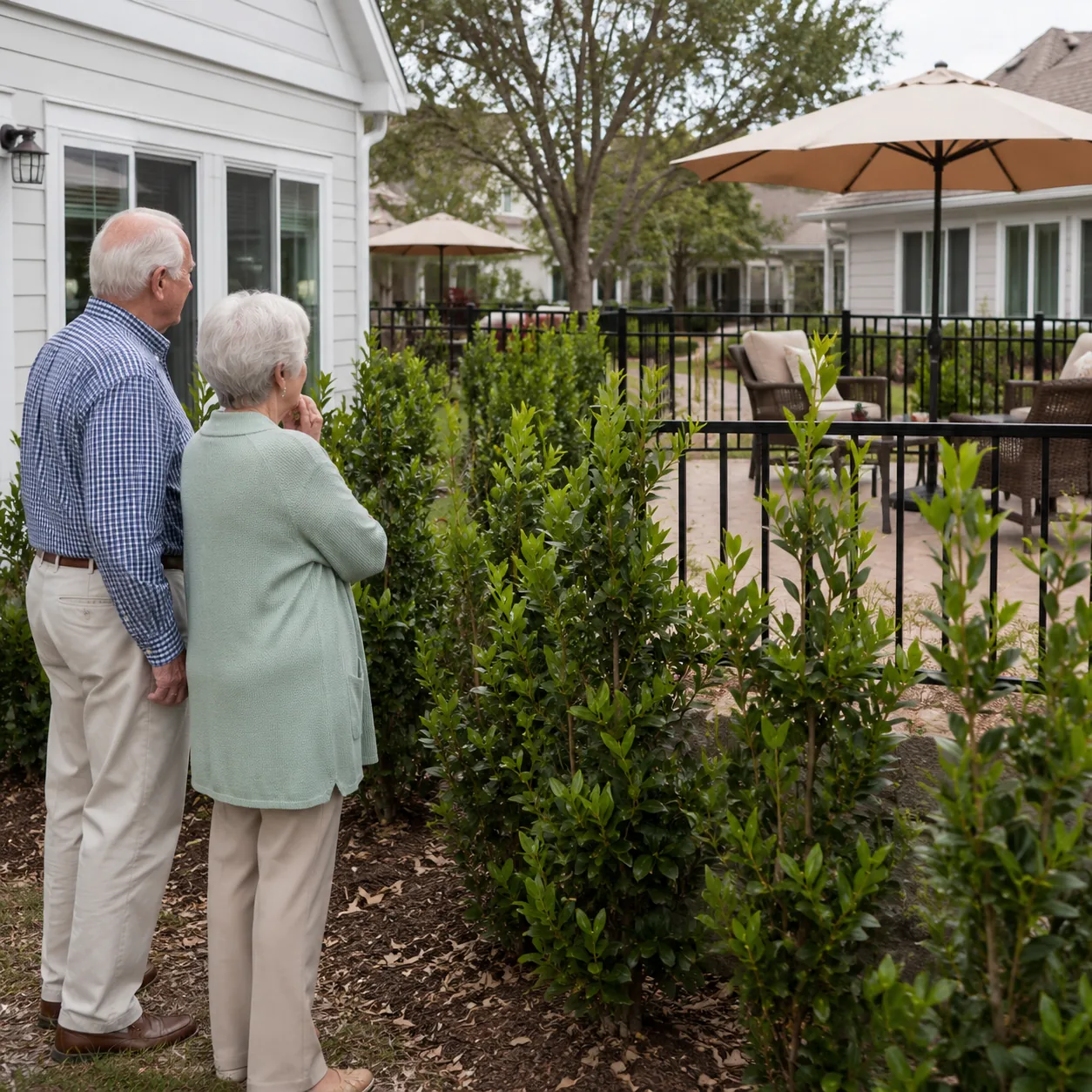 Realistic editorial photo of two retirement community patios separated by young shrubs with an older couple checking sig