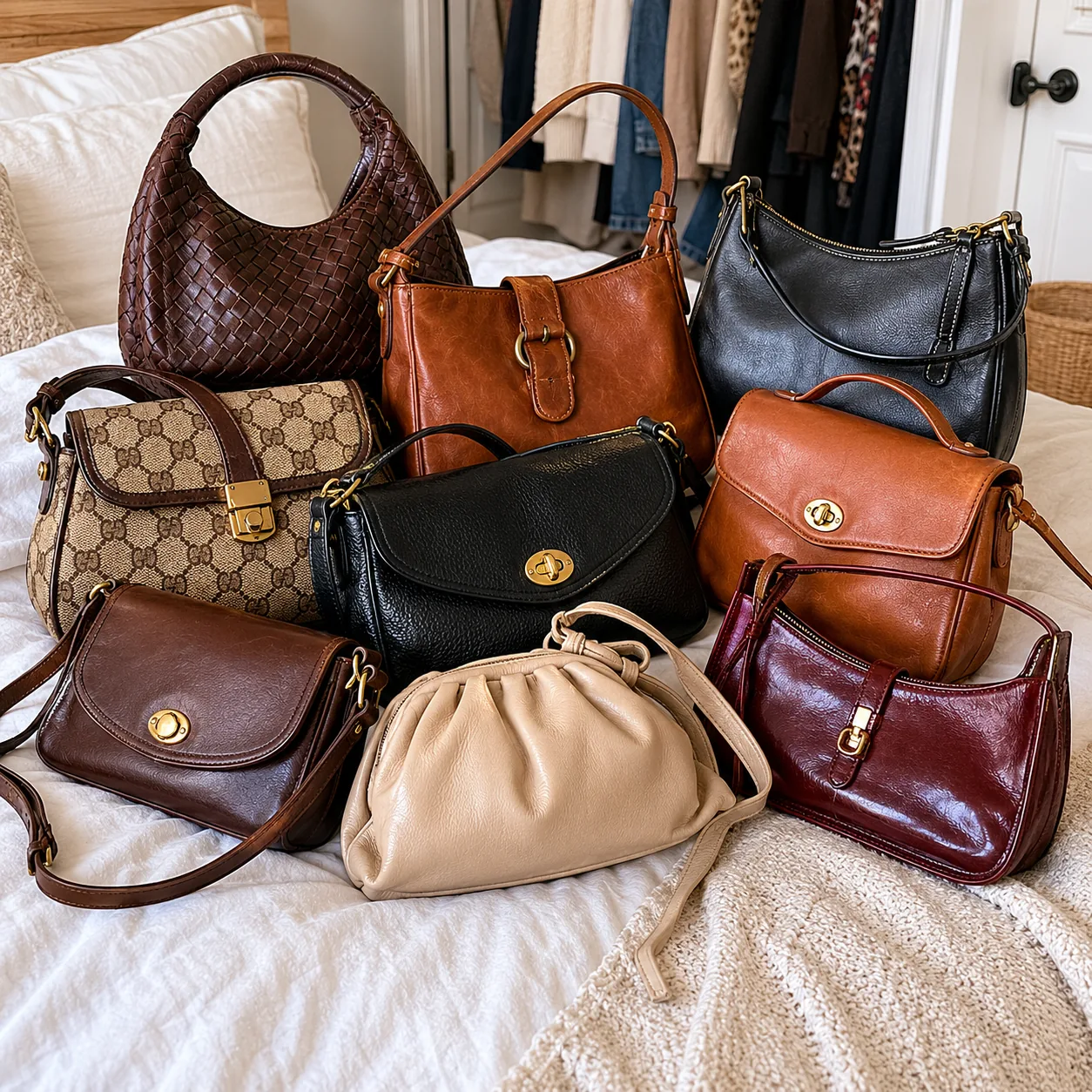 Realistic editorial photo of vintage handbags and leather purses arranged on a bed with neutral linens, realistic closet