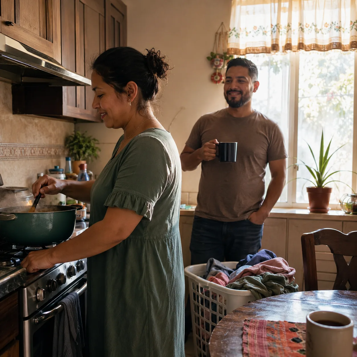 Realistic editorial photo of a clean Latino family kitchen with coffee, soup simmering, laundry basket nearby, and morni