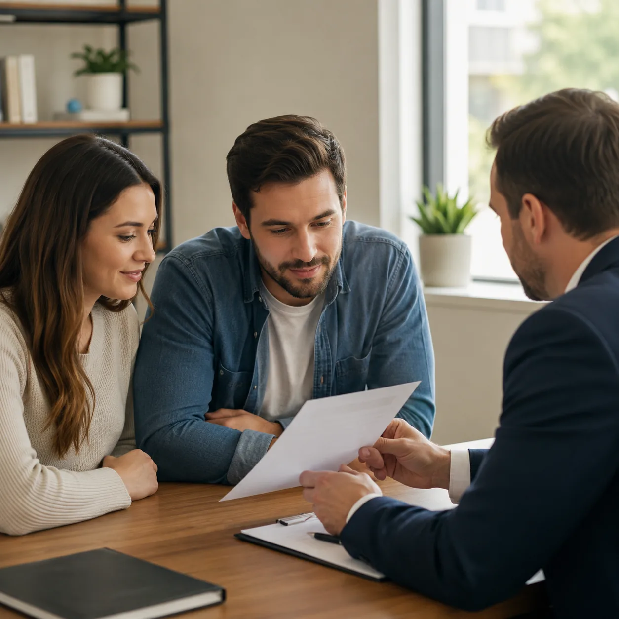 Realistic editorial photo of a first-time buyer reviewing a rate lock document with a loan officer in a clean office, wa