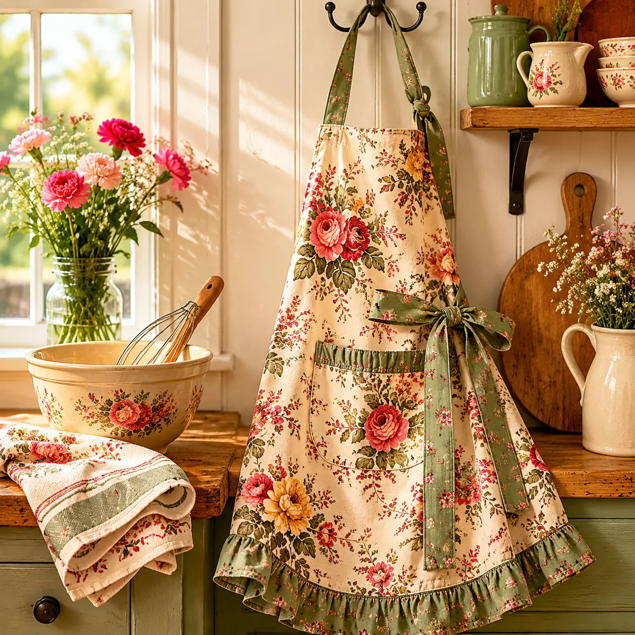 Realistic editorial photo of a floral apron hanging from a kitchen hook beside a mixing bowl and folded dish towel, warm