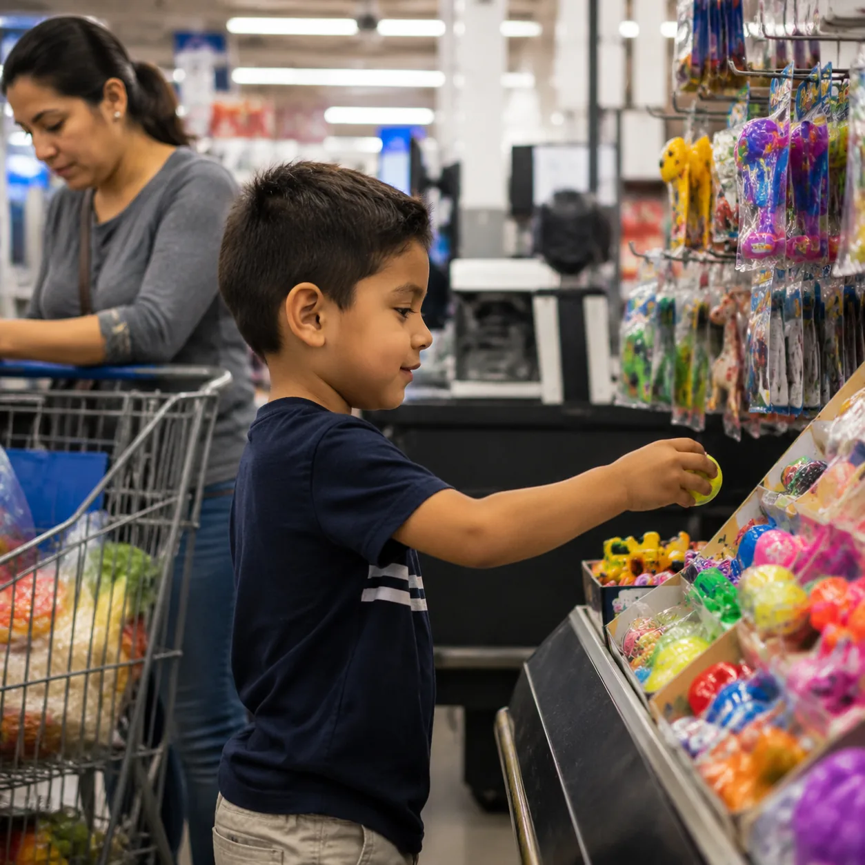 Realistic editorial photo of a Latino child choosing a small toy or party favor near a grocery checkout area while paren