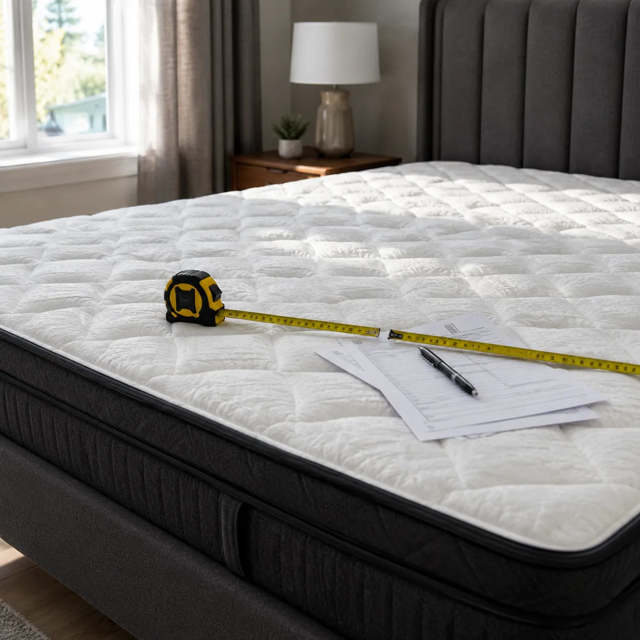 Realistic editorial photo of a mattress in a bedroom with measuring tape and delivery paperwork on top, practical home b